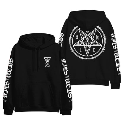 Stay Sick Clothing black hoodie with white occult-style symbols: small goat head pentagram on chest, large barbed wire pentagram with goat’s head on back, and bold white text design on sleeves.