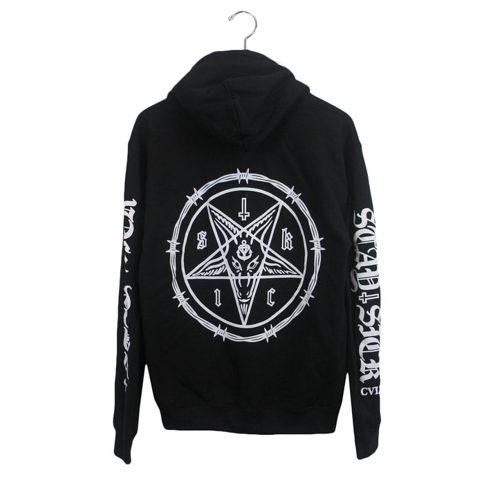 Stay Sick Clothing black hoodie on a hanger featuring a large white pentagram with barbed wire graphic on the back, plus white text and symbols printed along both sleeves.