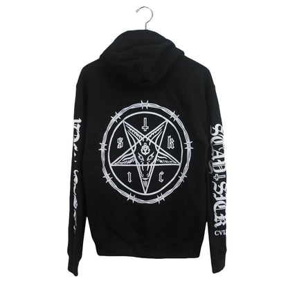 Stay Sick Clothing black hoodie on a hanger featuring a large white pentagram with barbed wire graphic on the back, plus white text and symbols printed along both sleeves.