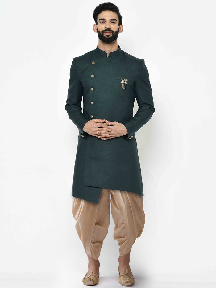 Dark Green Solid Sherwani with Golden Dhoti