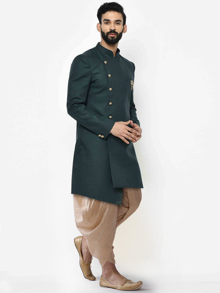 Dark Green Solid Sherwani with Golden Dhoti