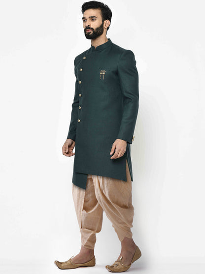 Dark Green Solid Sherwani with Golden Dhoti