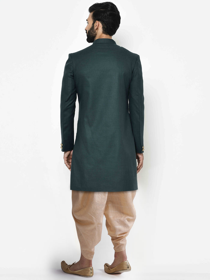 Dark Green Solid Sherwani with Golden Dhoti