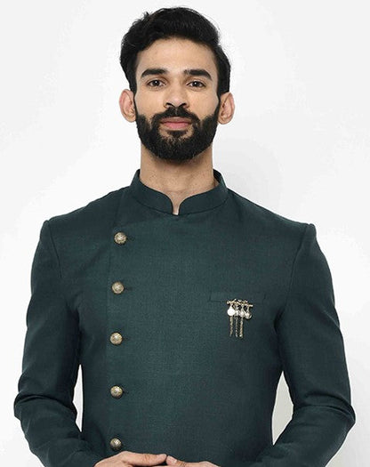 Dark Green Solid Sherwani with Golden Dhoti