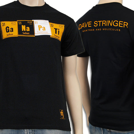 Two views of a black Mantralogy T-shirt: front shows GaNaPaTi with periodic table elements; back has DAVE STRINGER: MANTRAS AND MOLECULES in orange text.