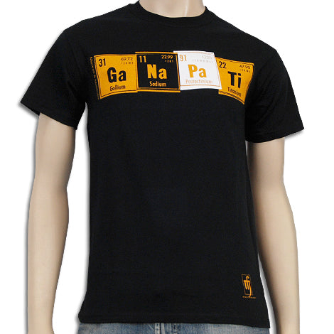 Mantralogy black t-shirt features “Ga Na Pa Ti” spelled with Gallium, Sodium, Protactinium, and Titanium element symbols. The symbols appear in orange and white boxes across the chest.