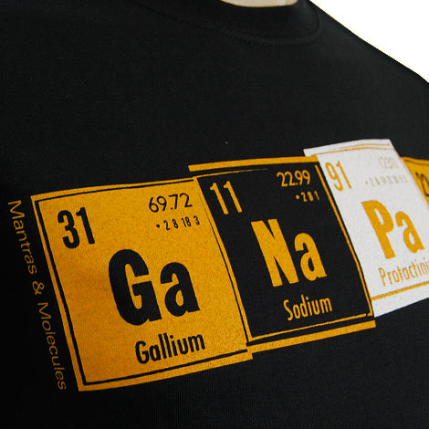 Close-up of a Mantralogy black T-shirt with stylized periodic table elements—Gallium (Ga), Sodium (Na), and Protactinium (Pa)—their atomic numbers and weights in yellow, orange, and white print.