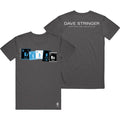 Front of a gray Mantralogy T-shirt with “KRISHNA” in periodic table blocks; back features “DAVE STRINGER MANTRAS AND MOLECULES” in white text across the shoulders.