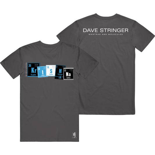 Front of a gray Mantralogy T-shirt with “KRISHNA” in periodic table blocks; back features “DAVE STRINGER MANTRAS AND MOLECULES” in white text across the shoulders.