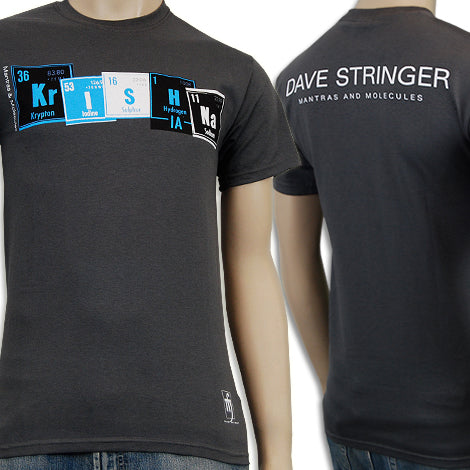 A dark gray Mantralogy T-shirt with Krishna spelled using periodic table elements on the front and Dave Stringer Mantras and Molecules printed in white on the back.