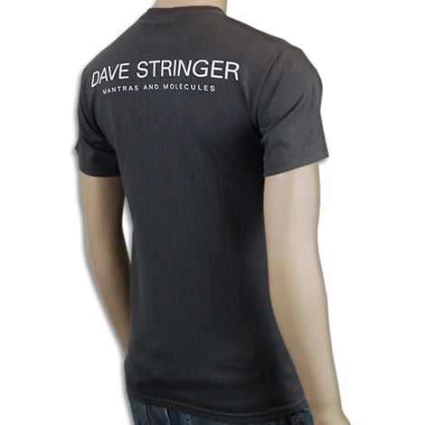 Back view of a person wearing a dark gray Mantralogy T-shirt with white text reading DAVE STRINGER and MANTRAS AND MOLECULES on the upper back.