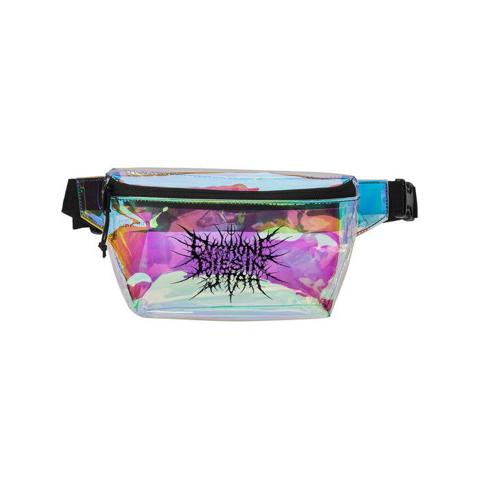 The Everyone Dies In Utah holographic iridescent Death Metal Fanny Pack features a bold front logo, black zipper, and an adjustable black strap with buckle.