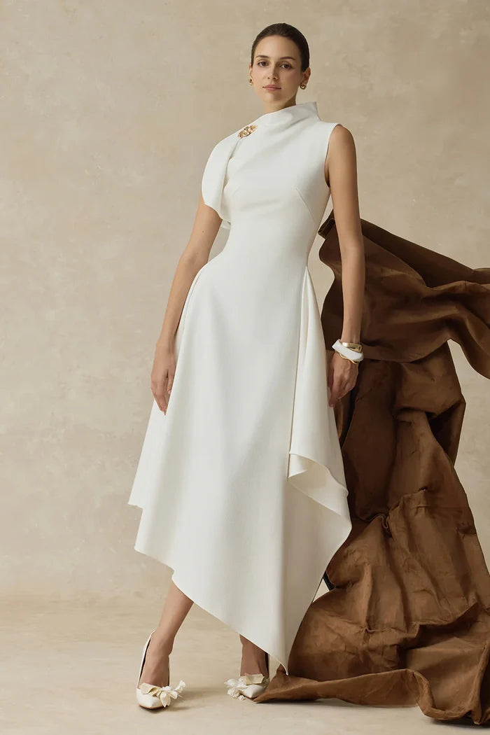 Delilah White High-Neck Midi Dress