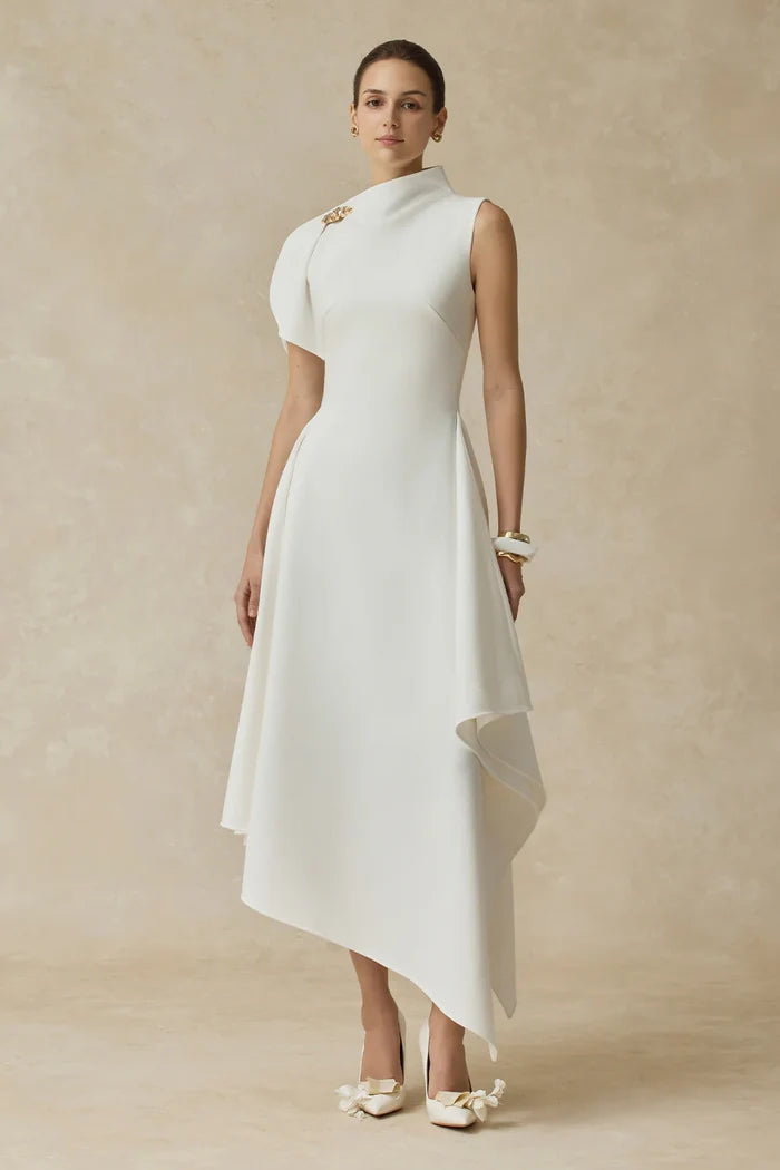 Delilah White High-Neck Midi Dress