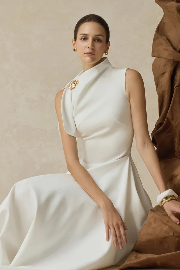 Delilah White High-Neck Midi Dress