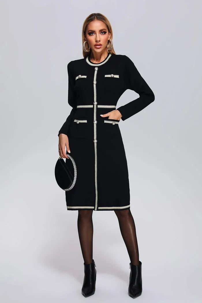 Demi Black Contrast-Trim Button Front Midi Dress