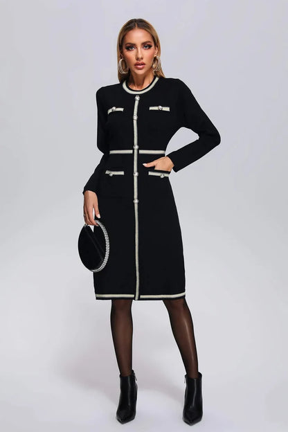 Demi Black Contrast-Trim Button Front Midi Dress