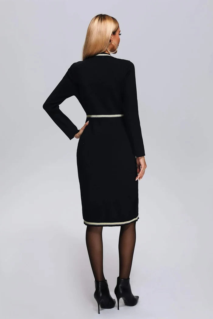 Demi Black Contrast-Trim Button Front Midi Dress