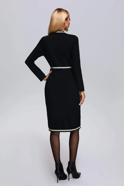Demi Black Contrast-Trim Button Front Midi Dress