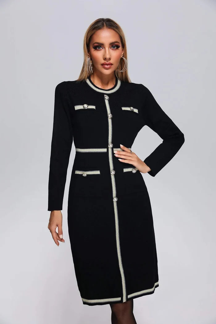 Demi Black Contrast-Trim Button Front Midi Dress