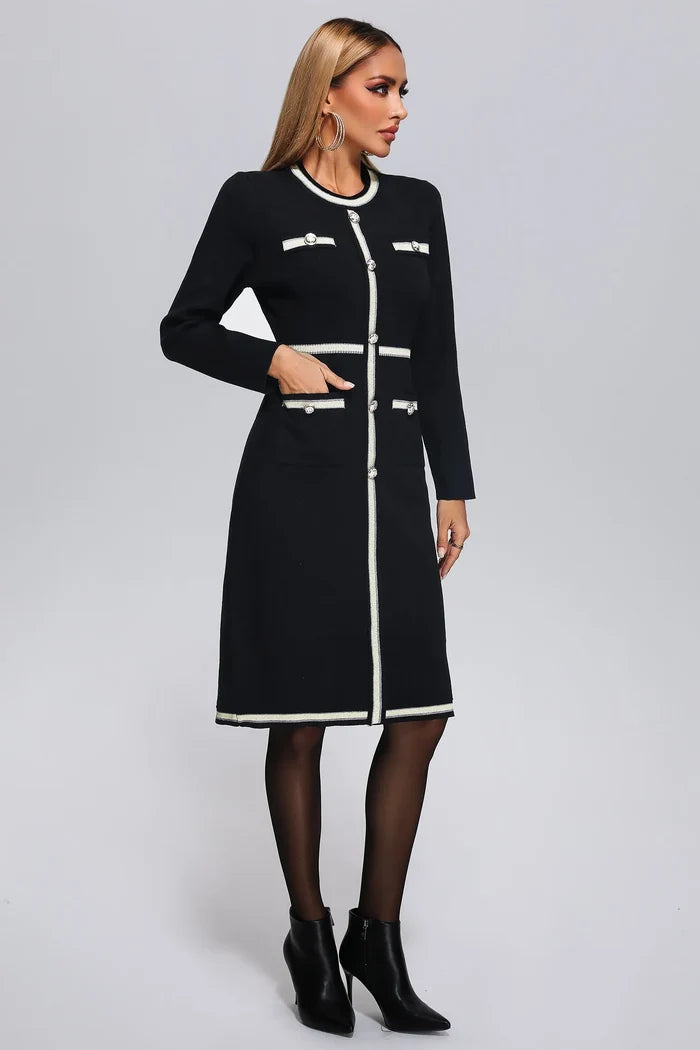 Demi Black Contrast-Trim Button Front Midi Dress