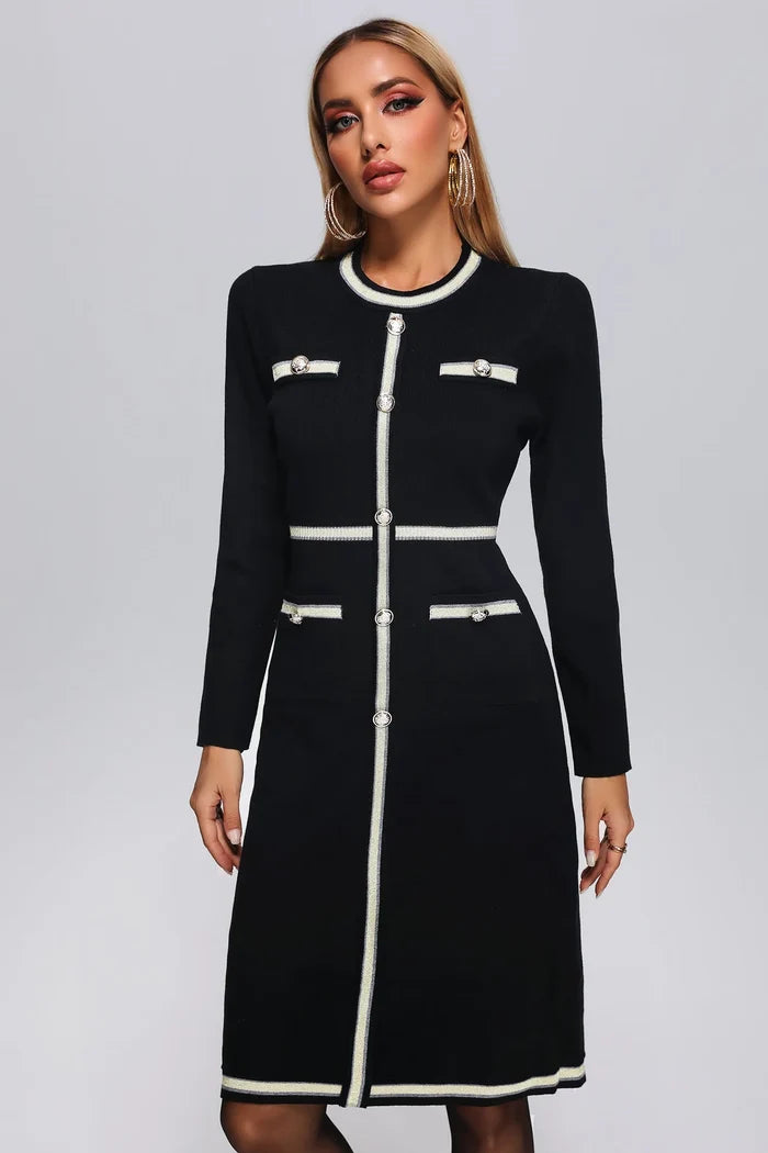Demi Black Contrast-Trim Button Front Midi Dress