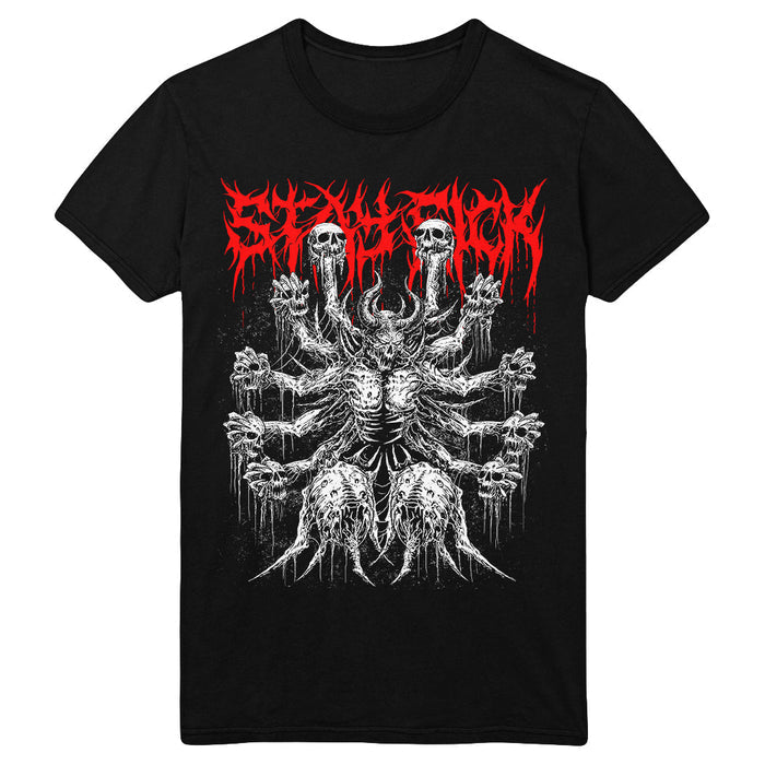 Stay Sick Clothing black T-shirt with a red jagged logo and a detailed white Demon Lord graphic—a multi-armed, horned skeletal figure with skulls and melting textures.
