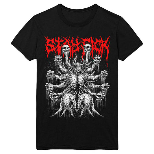 Stay Sick Clothing black T-shirt with a red jagged logo and a detailed white Demon Lord graphic—a multi-armed, horned skeletal figure with skulls and melting textures.