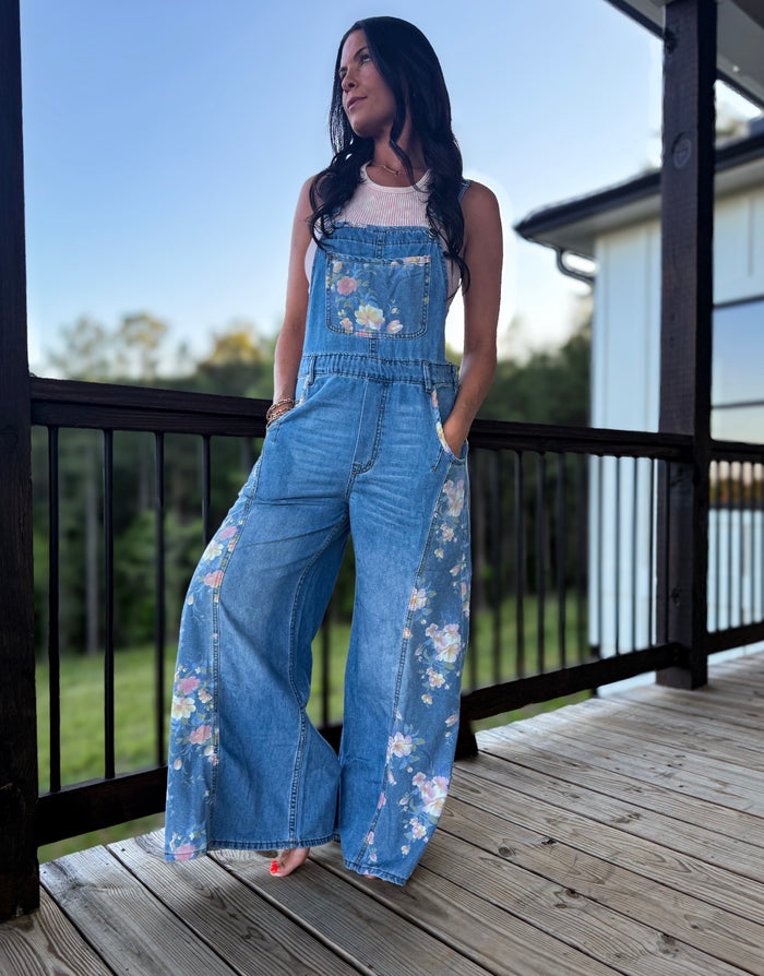 Denim Blue Floral Overalls