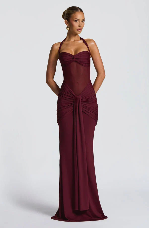 Dio Burgundy Halter Mesh Maxi Dress