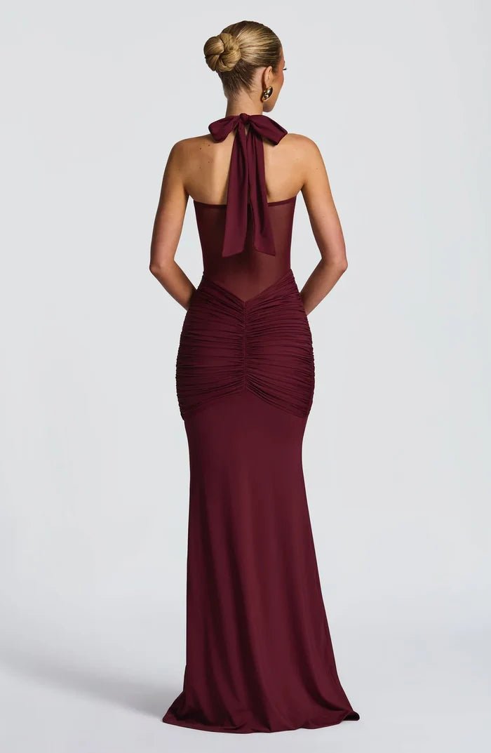 Dio Burgundy Halter Mesh Maxi Dress