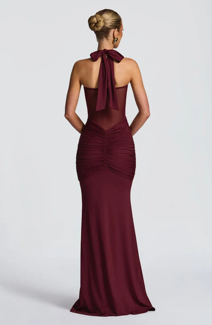 Dio Burgundy Halter Mesh Maxi Dress