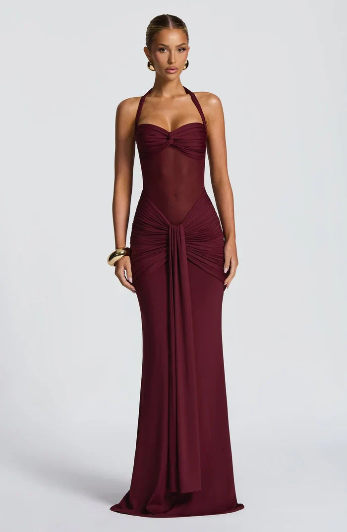 Dio Burgundy Halter Mesh Maxi Dress