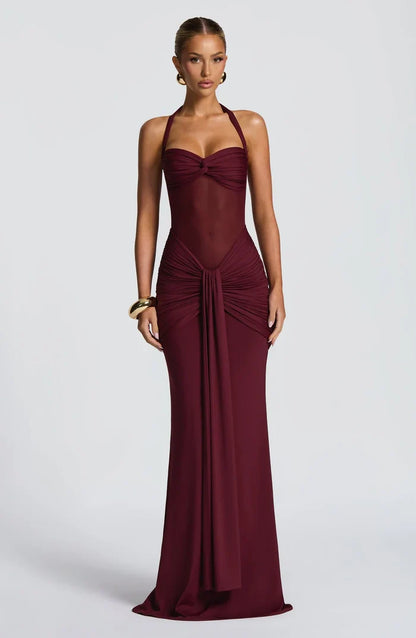 Dio Burgundy Halter Mesh Maxi Dress