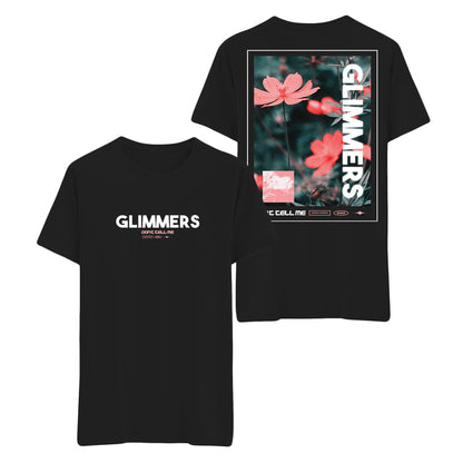 Black t-shirt by glimmers with small front text and a large pink flower graphic on the back, featuring bold vertical glimmers text plus additional graphics and text below.