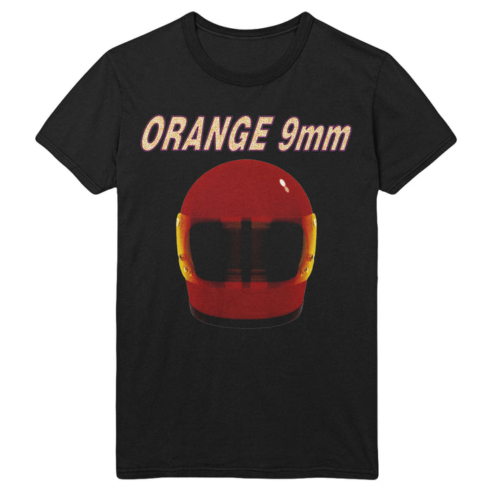 A classic fit black Orange 9mm T-shirt featuring a red helmet and bold, stylized Orange 9mm text above the helmet.