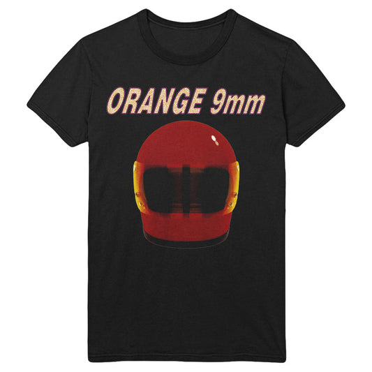 A classic fit black Orange 9mm T-shirt featuring a red helmet and bold, stylized Orange 9mm text above the helmet.