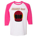 A classic fit cotton shirt by Orange 9mm with white and pink raglan sleeves, featuring ORANGE 9mm text above a bold red helmet illustration with a dark visor and yellow sides.