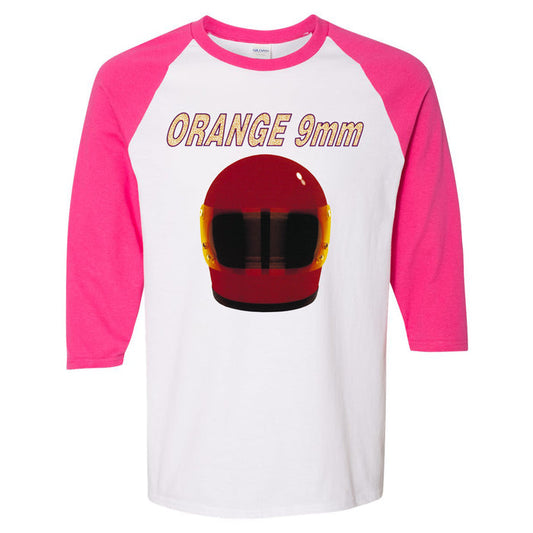 A classic fit cotton shirt by Orange 9mm with white and pink raglan sleeves, featuring ORANGE 9mm text above a bold red helmet illustration with a dark visor and yellow sides.