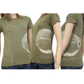 Three views of a green Mantralogy T-shirt with a large white drum graphic and stylized text, worn by a mannequin. The short-sleeve shirt is paired with blue jeans.