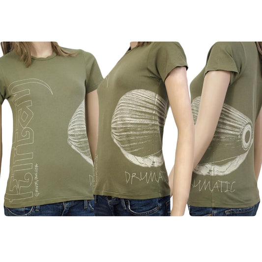 Three views of a green Mantralogy T-shirt with a large white drum graphic and stylized text, worn by a mannequin. The short-sleeve shirt is paired with blue jeans.