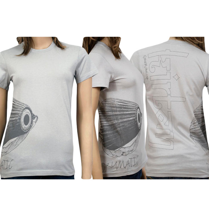 Three views of a light gray Mantralogy Womens T-shirt with a large artistic fish graphic on the lower front and side, DRYMATIC and stylized text on the back, modeled for a modern printed T-shirt look.