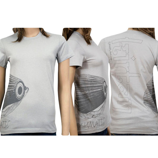 Three views of a light gray Mantralogy Womens T-shirt with a large artistic fish graphic on the lower front and side, DRYMATIC and stylized text on the back, modeled for a modern printed T-shirt look.