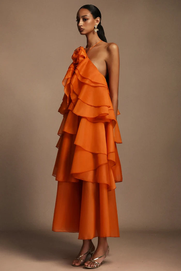 Emory Floral Halter Ruffled Maxi Dress