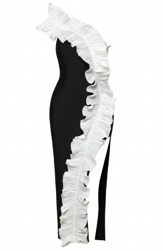 Eunna One-Shoulder Ruffle Contrast Midi Dress