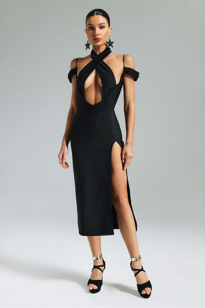Eva Black Cross Halter Cutout Midi Dress