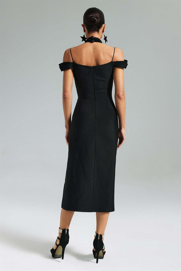 Eva Black Cross Halter Cutout Midi Dress