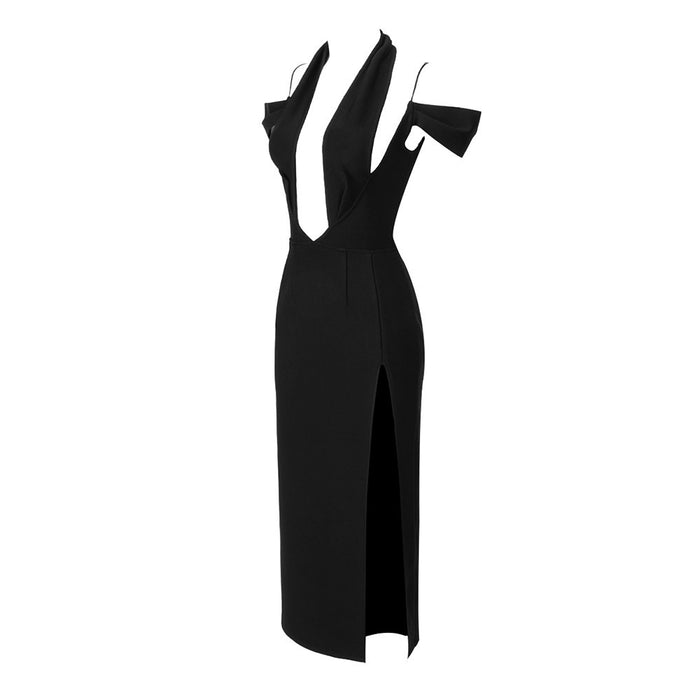 Eva Black Cross Halter Cutout Midi Dress