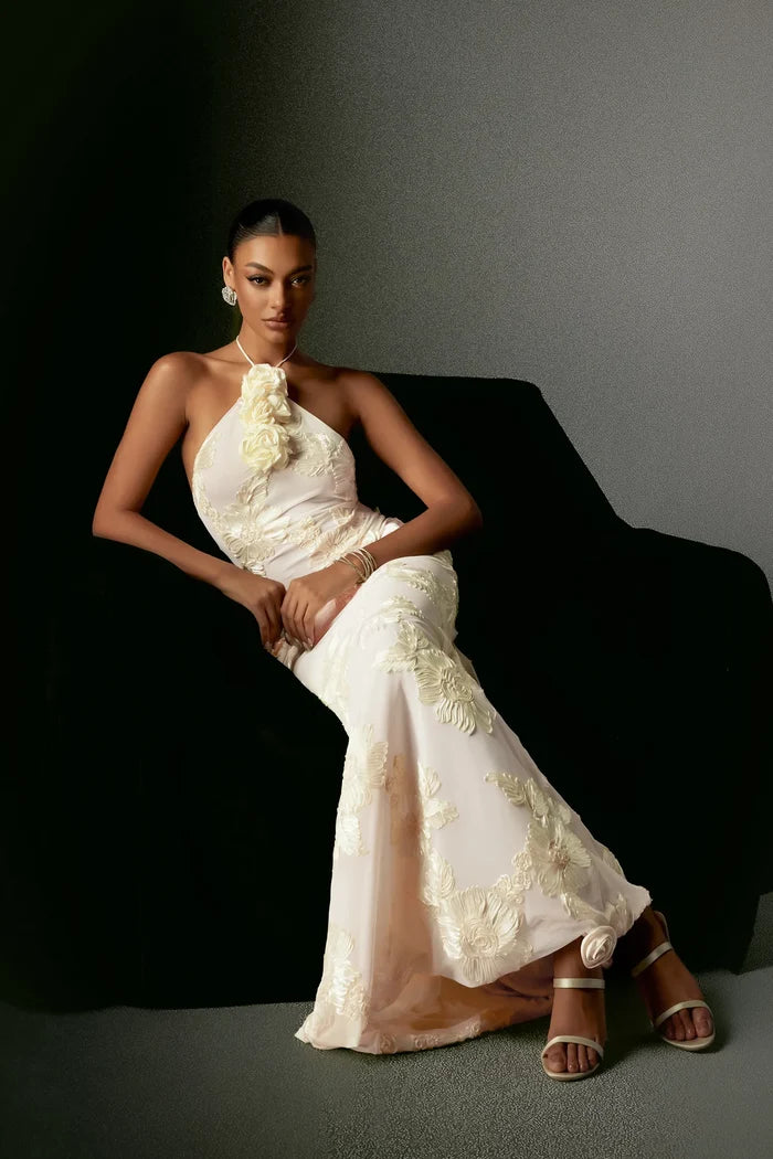 Fallon Floral Appliqué Halter Maxi Dress