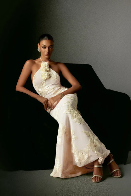 Fallon Floral Appliqué Halter Maxi Dress